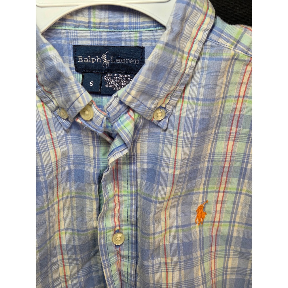 Ralph Lauren Boys Blue Plaid Short Sleeve Button Down Shirt Size 6 Cotton Pony